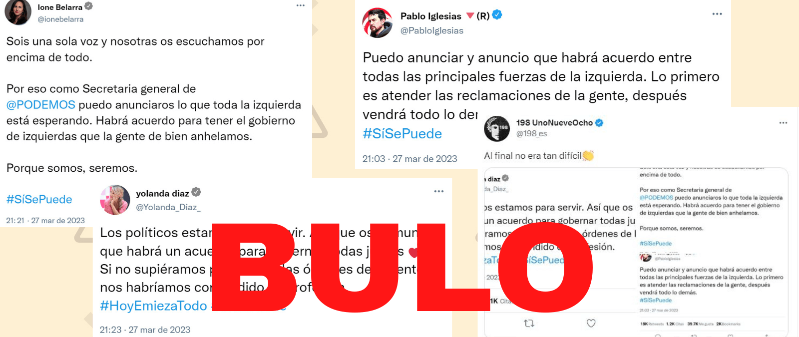 Material publicado por Maldita.es para analizar el caso: Un anuncio de acuerdo entre Podemos y Sumar mediante tuits inventados.