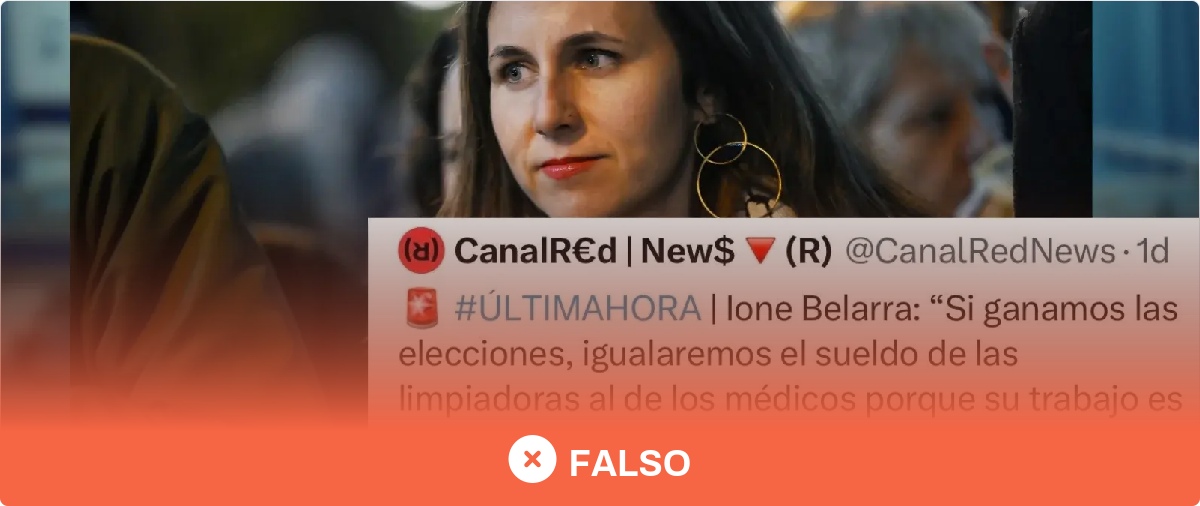 Material visual publicado por Maldita.es para desmentir la declaración salarial falsamente atribuida a Ione Belarra desde una cuenta parodia.