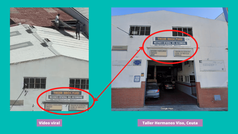 Comparativa de EFE Verifica: el vídeo del tejado y la fachada del taller localizado en Ceuta.
